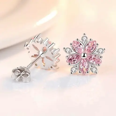 925 Sterling Silver Post Pink Crystal Flower Stud Earrings