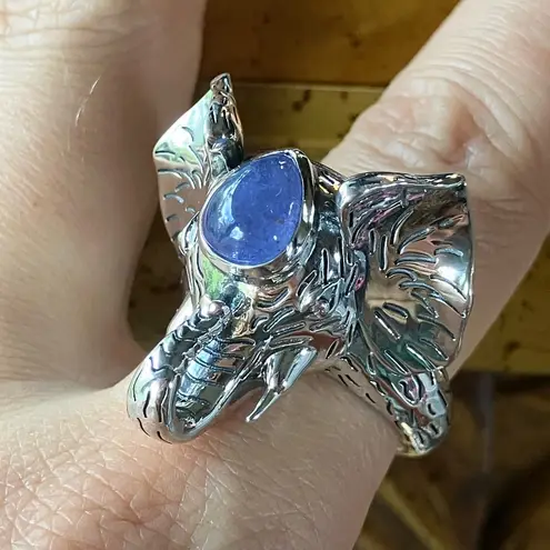 Natural Tanzanite Sterling Silver Elephant Ring Size 8 Purple