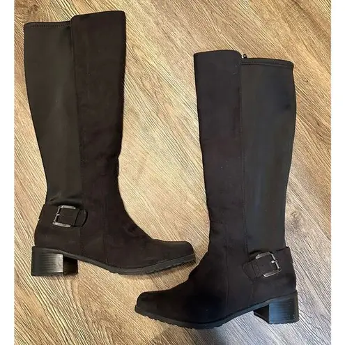 Laura Ashley Amherst Knee Riding Boots Black Faux Suede Side Zip Buckle Size 8M