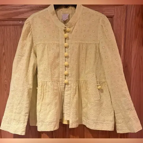Elevenses Anthropologie Rouleau Button Yellow Floral Eyelet Lace Peplum Jacket