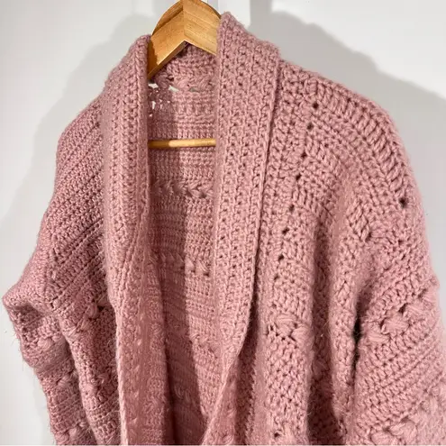 Handmade Pink Crochet Cardigan Duster – Scalloped Cottagecore Sweater (Size M/L)