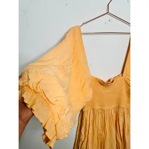 LOUNA Orange Square Neckline Puff Sleeves Chic Flowy Midi Dress size Medium