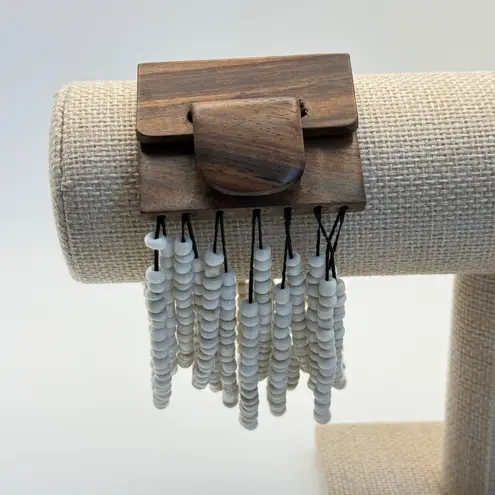 Wood Buckle White Seed Bead Statement Bracelet Boho Wood Clasp Closure Cuff