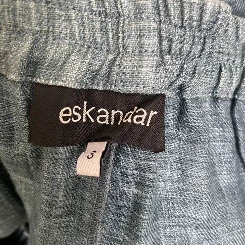 Eskandar Linen Pants Size 3 Blue Pull On Wide Leg Relaxed Elastic Button Cuff