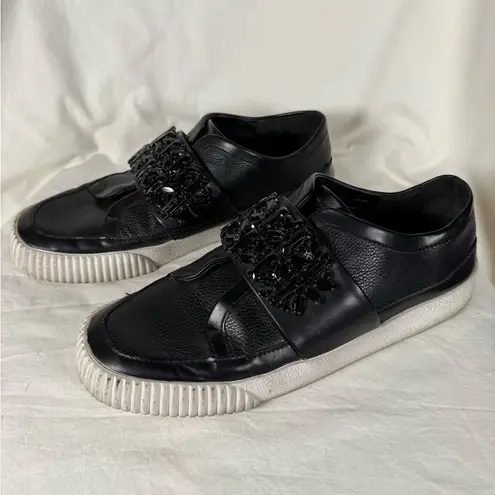 Karl Lagerfeld Paris Black Jules Rhinestone Embellished Leather Sneakers 8.5 M