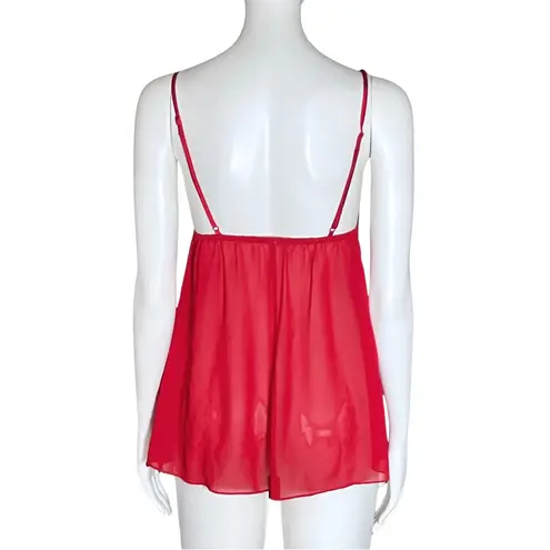Y2K Red Satin Sheer Beaded Babydoll Top Micro Mini Slip Dress XS Lingerie Fairy