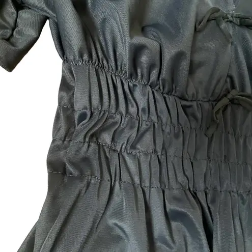 Vintage Flutter Sleeve Smocked Black Satin Nightgown