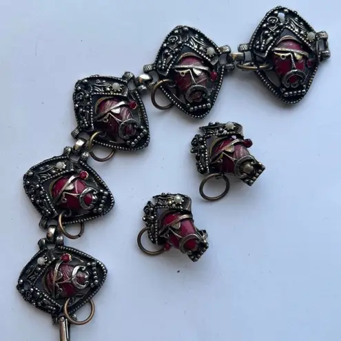 Vintage Selro Pirate Face Red Rhinestone Gold Brass Bracelet & Earrings Set Silver