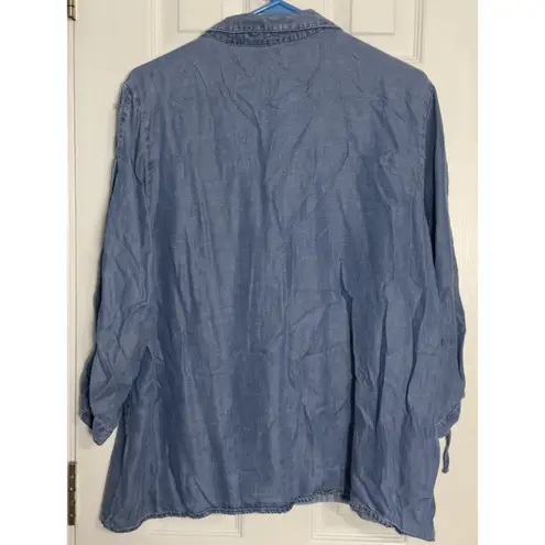 New Directions Curvy Blue Denim Look Button Up Long Sleeve Shirt, Lyocell, 1X