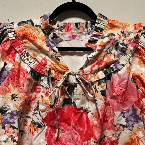 BUDDYLOVE Leeland Floral Ruffle Puff Sleeve Top, Pink, Size L Red Size L
