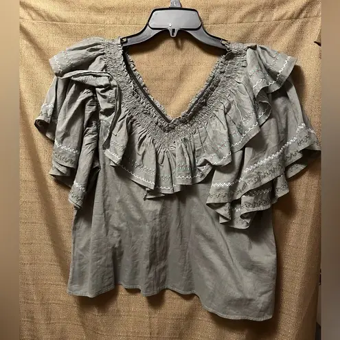 Something Navy  Woman’s Felix Ruffle Top Size Small Olive Green