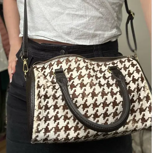 Anthropologie  Crossbody Genuine Cow Hide Fur Purse Houndstooth Fall Brown White