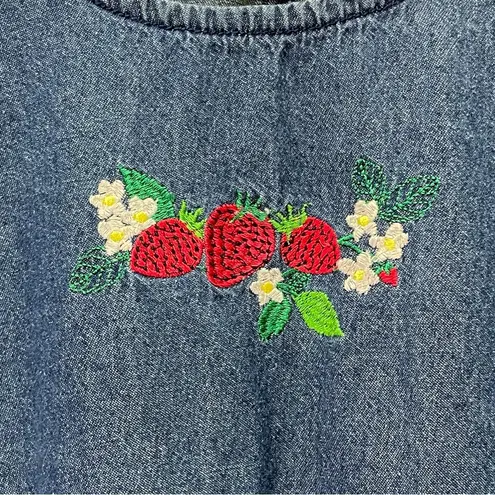 Blair Vintage Denim Dress Size Large Blue Embroidered Strawberry Cottagecore 90s