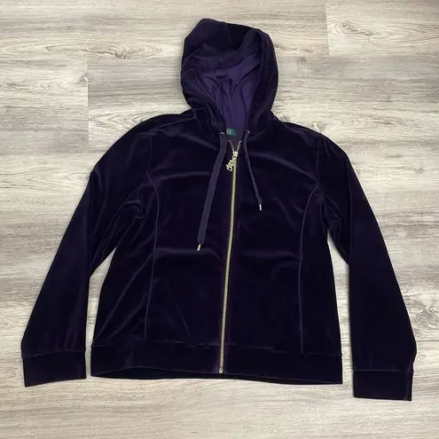 Ralph Lauren Lauren  Purple Velvet Long Sleeve Zip Front Hoodie Size Large