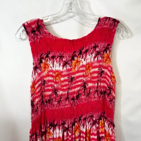 Hawaiian Tropic Hawaii Midi Dress Tropical Hawaiian Smocked Palm Pink Vacation Beach Coastal 248