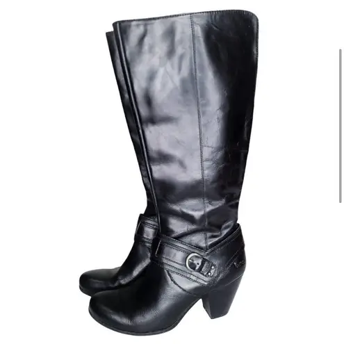 BOC Y2K Black Chunky Block Heel Saddle Belt Leather Tall Boots Size 7 Bin 21 Black