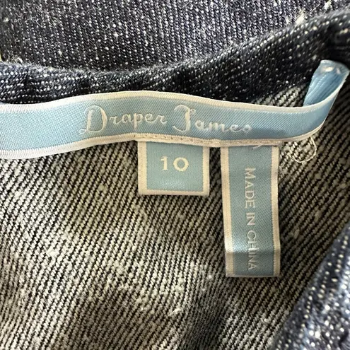 Draper James Size 10 Top Blue Chambray Denim Shirt Short Sleeve Zip Back Raw Hem