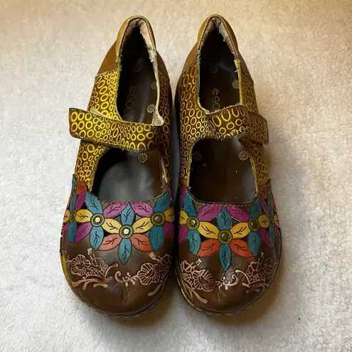 Socofy Leather 7 Mary Jane Shoe Flower Embossed Blue Yellow Green Platform Brown