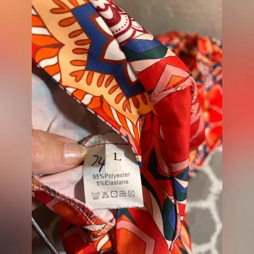 Orange Red Blue Floral Patterned Pants Trousers floral wide leg boho flowy zip L Size L