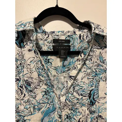 Tahari Blue & White 100% Linen Floral/Bird Print Blouse Sm
