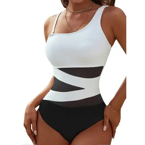 Blooming Jelly Black White One Shoulder Mesh Panel One Piece Swimsuit Women’s XL