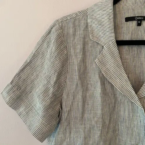 Quince Blue White Stripe Button Down Short Sleeve Blouse 100% Linen Women Small