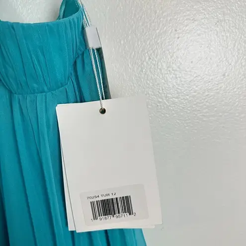 Mac Duggal Ruched Ruffled Shoulder Cut Out Lace Up Gown in Turquoise US 12 NWT