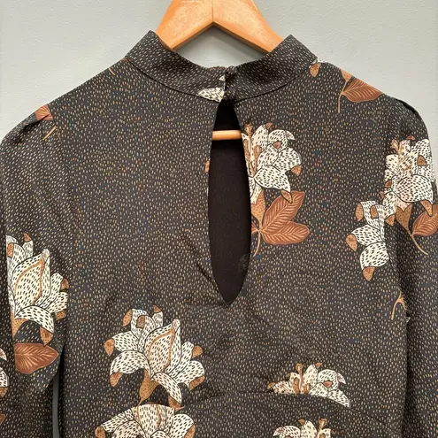 Stone Cold Fox Long Sleeve Silk Mini Dress Floral Brown 1 XS