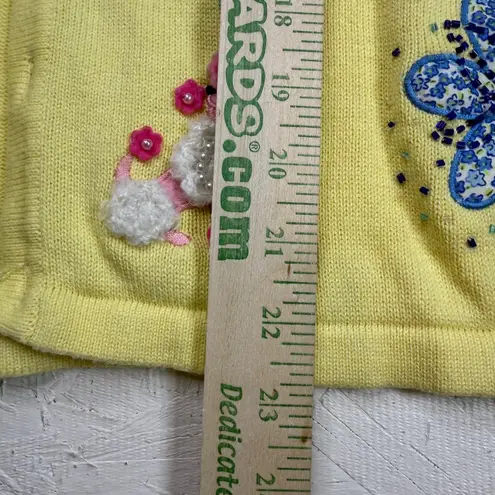 Berek Womens XL Cardigan Sweater Yellow Knit Beaded Poodle Flower Applique