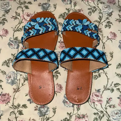Women’s 7.5 Mexican Handmade Beaded Sandals Blue
