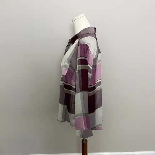 Christopher & Banks Shirt Button-Up Pockets Lightweight Plaid Sparkle Wine Grey