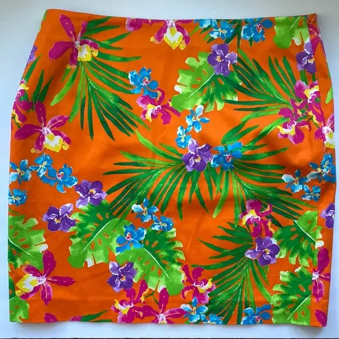 Ralph Lauren  black label orange tropical floral silk pencil skirt, size 6