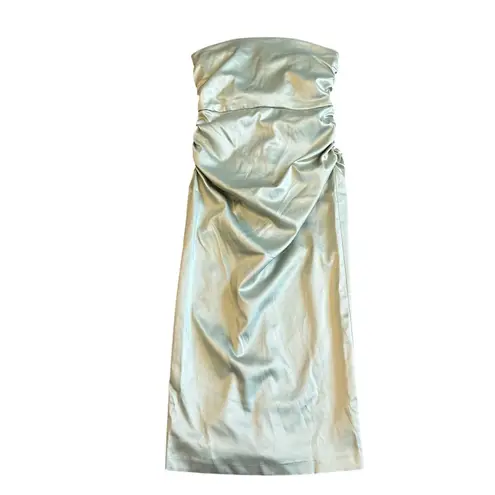 BHLDN Anthropologie Strapless Green Satin Dress Ruched Knee Length Size Med NWT