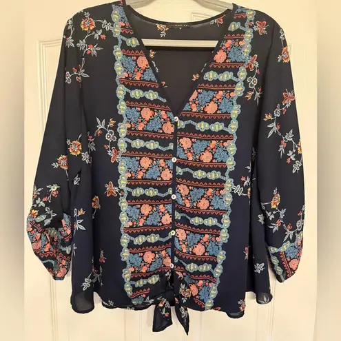 West Kei Floral Navy Blouse with Tie Front