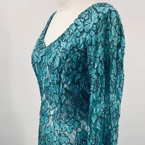 Vintage Floral Beaded Gown Long Sleeve V Neck All Over Rose Beading Turquoise 4 Blue
