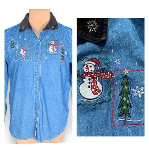 basic editions Vintage Shirt Chambray Holiday Button Front Black Velvet Snowman