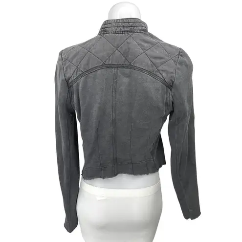 Free People  Gray Asymmetrical Zip Up Distressed Shrunken Moto Jacket Coat Sz XS