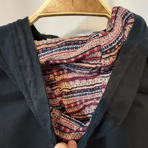 Sundipy Asian Fashion Dark Navy Blue Zip Up Hooded Colorful Woven Bomber Jacket Size L