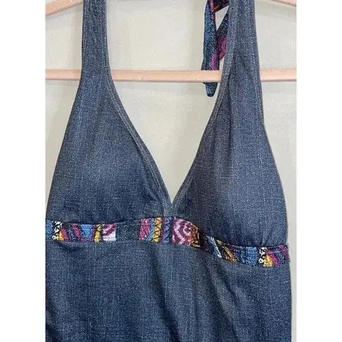 COOGI  Size 16 One Piece Swimsuit Halter Top Denim Style‎ Colorful Ruffles Beach