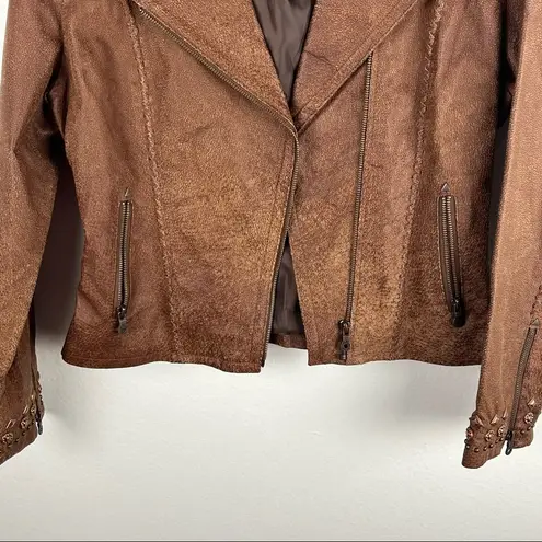 CRIPPLE CREEK Brown 100% Genuine Leather Studded Zipper Pockets Moto Jacket Size M