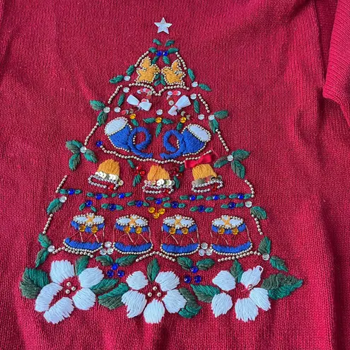 Ugly Christmas Sweater Sz 14/16 Jacque Koko Y2K 12 Days Tree Beading Embroidery Red