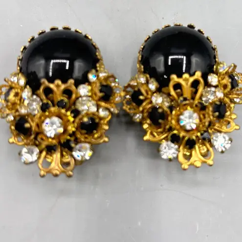 Vtg M&M Designs Gold Tone Black Crystal Beaded Floral Bangle Bracelet Earring