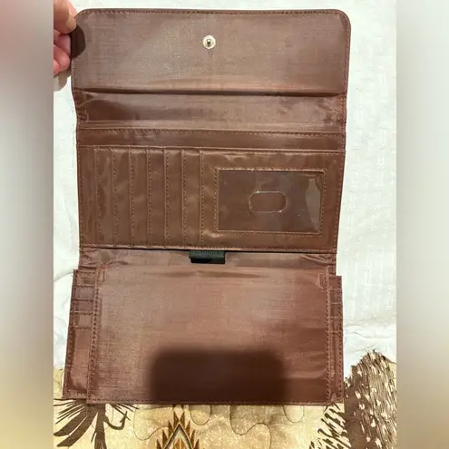 Longaberger Homestead Brown Leather Wallet with a Red Plaid Flap snap closure