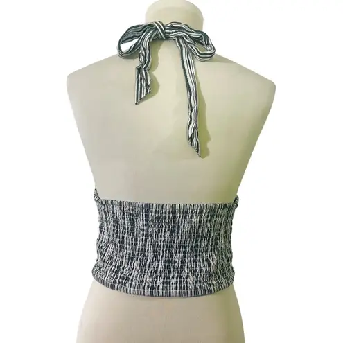 American Eagle Halter Top Blue White Striped Crop Smocked Back Medium‎ M Black
