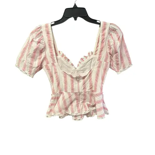 Tularosa Pink Stripe Cottagecore Peplum Top XS | Puff Sleeve Sweetheart Neck XS