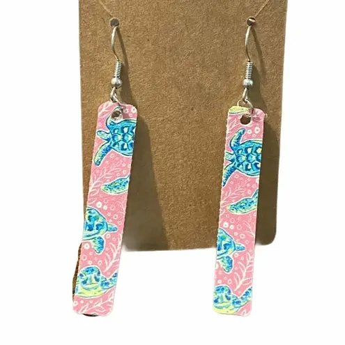 Sea Turtles Bar Dangle Drop Earrings Pink Teal Pink