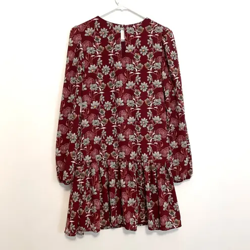 Caslon NEW NWT Floral Print Long Sleeve Drop Waist Mini Dress Burgundy Maroon S