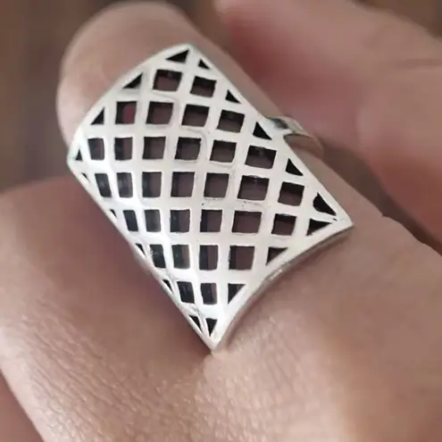 Boutique Solid Statement Ring White Gold Plated Sterling Adjustable Lattice Wide Band‎