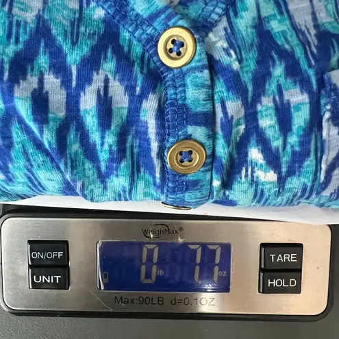 Caribbean Joe Diamond Print 3/4 Sleeve Henley Blue Shift Dress Women's Sz Medium