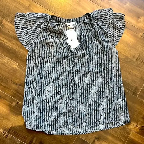 By the River Sheer Geometric Print Ruffle Sleeve Blouse Black/White